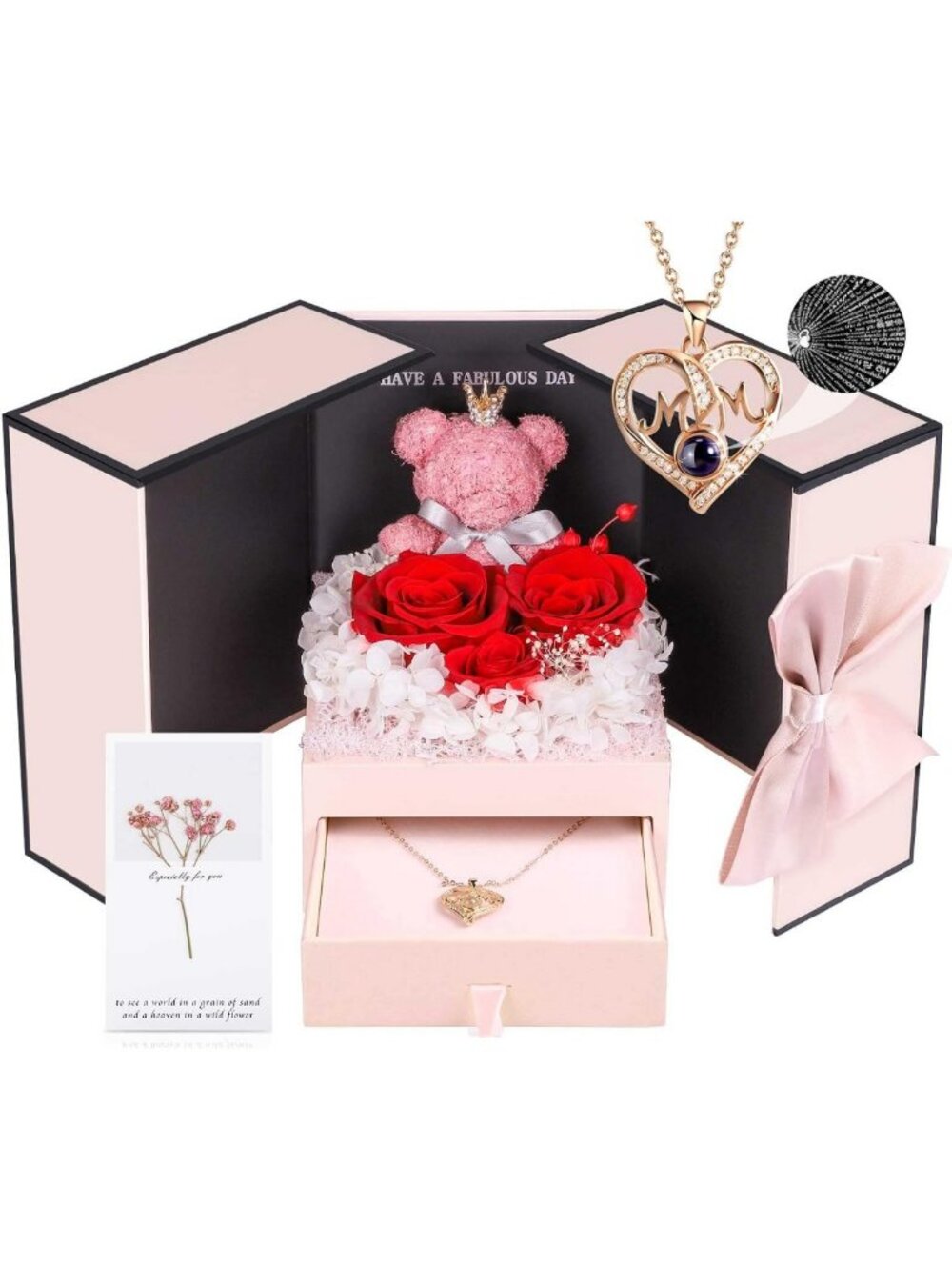 Unique Preserved Real Rose & I Love You Necklace Gift Set for Mom - Perfect